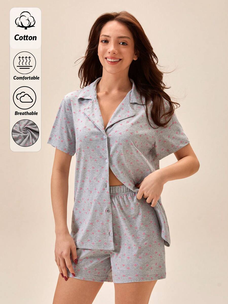 Loomlin 100% Cotton Minimal Heart Patterned 2 Pcs Short Sleeve Button Down Sleep Shirt Top & Elastic Waist Shorts,Light Pink,Summer,Casual,Home Pajama Set - Grey - View 1