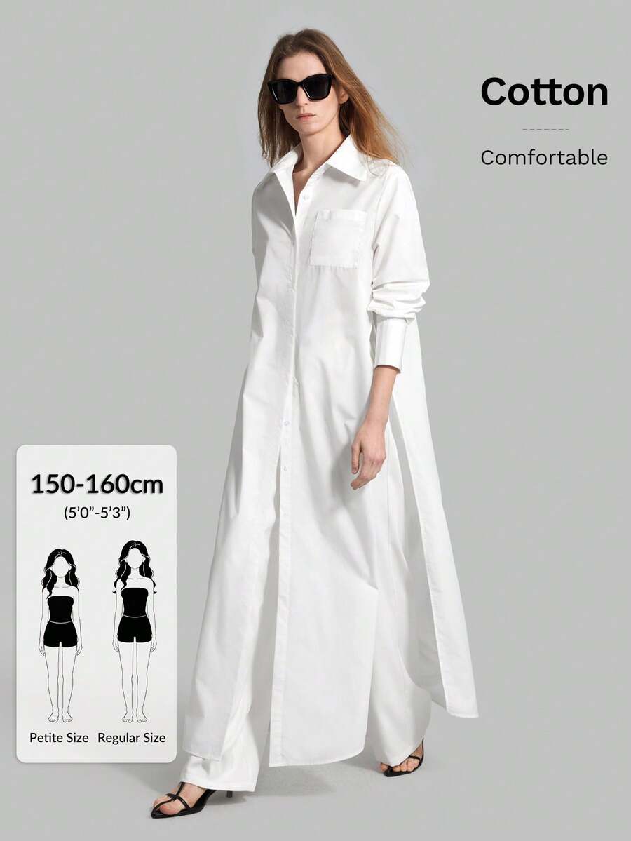 Ontre Petite PETITE 2026 SS Nova Top Longa Branca Solta, Casual de Verão, Adequada para Escritório, Escola, Clube, Vintage, Urbano, Minimalista, Elegante, Adequada para Mulheres de Tamanho Pequeno - Branco - Visão 1