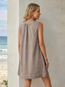 EMERY ROSE 女士V领无袖宽松休闲夏季迷你连衣裙 - 棕色 - 查看 2