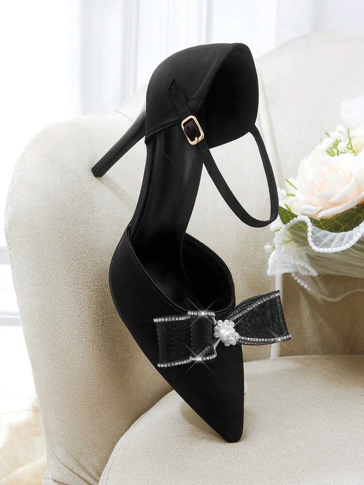 CUCCOO HITCHD Women's High Heels Fashion Closed Toe Bow Pearl Decoration Pointed Stiletto Sandals Elegant, Essential For Going Out, Parties And Banquets Summer Shoes