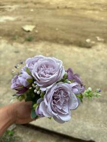 3支人造玫瑰、绣球花、牡丹混合花束，婚礼新娘装饰，DIY花环材料，生日派对，家居装饰，花瓶，户外花园，秋季，新年礼物 - 紫色 - 查看 5