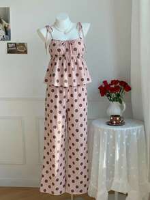 SHEIN EZwear 两件套休闲简约夏季多巴胺波点吊带背心和长裤套装，适合夏季、度假季，波点印花，杜卡迪波点，粉棕色波点。适合度假、旅行、派对、音乐节、返校季、毕业季。 - 彩色 - 查看 7