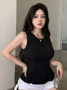 DAZY 女士純色收腰圓領喇叭下擺無袖優雅基礎正式泳裝夏日背心，丁香紫，校園風 - 黑色 - 查看 4