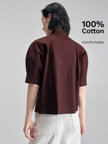 Ontre 2026春夏新款女士梭织衬衫，泡泡袖设计，宽松版型，棕色，适合情人节、婚礼季、节日装扮、独立日、都市时尚、通勤简约风。 - 棕色 - 查看 3