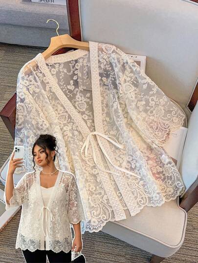 GlowEve CURVE 大码女式 V 领系带透视度假衬衫，半袖镂空刺绣开衫外套