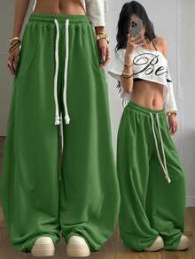 SHEIN Tall CURVE 加大码女式街头风外出休闲装束，加大码弹力腰带舒适灰色弯刀裤 - 綠色 - 查看 6