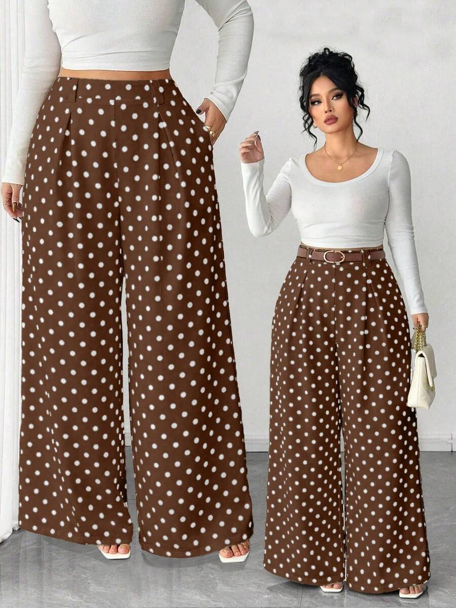 Elenzga Pantalones de pierna ancha de unicolor beige talla grande, estilo elegante, de moda para ir al trabajo y la oficina - Marrón - Ver 1