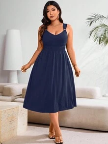 EMERY ROSE Vestido maxi de verano casual con pliegues de unicolor para mujer de talla grande - Azul - Ver 7