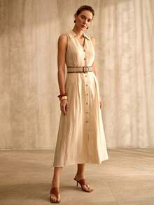 MOTF PREMIUM WOMEN'S TENCEL LINEN A-LINE BELTED DRESS - Khaki - View 4