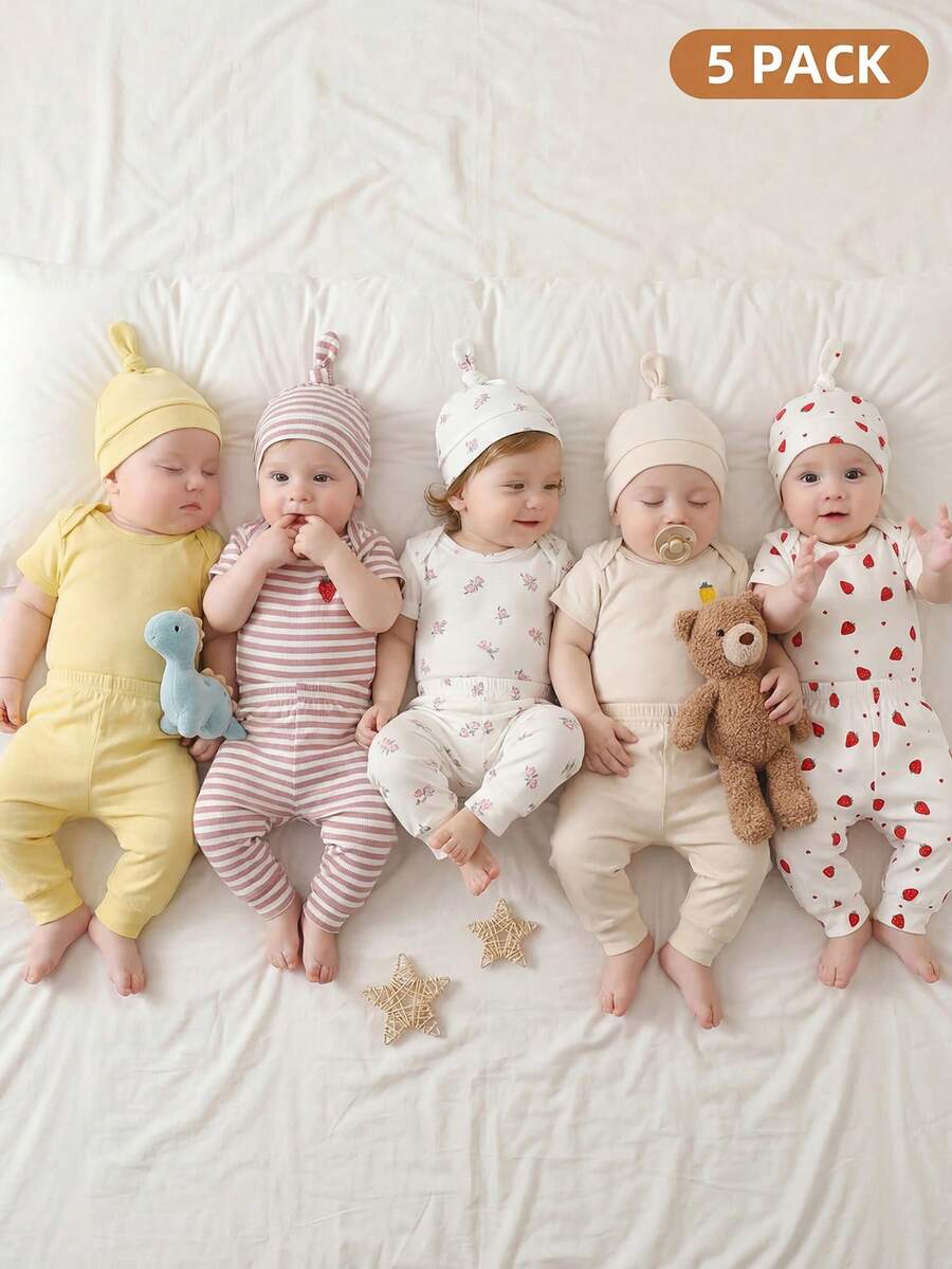 SHEIN 男女宝宝可爱五件套：连体衣+裤子+帽子，夏季 - 粉色 - 查看 1