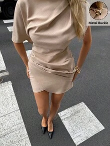 Siren Gaze Women's Khaki Draped Mini Dress,Metal Buckle Asymmetrical Wrap Bodycon Summer Dress,Elegant Office Casual Brunch Wear Chic Luxury Outfit - Apricot - View 7