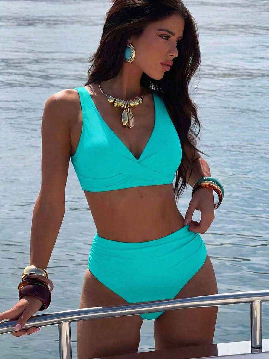 Swim Lushoire 女士夏季沙滩装，新款 V 领纯色高腰比基尼泳装两件套，海滩度假泳装 - 薄荷綠 - 查看 1