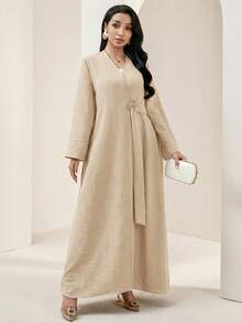 Veilorie Women's Solid Color Metal Waist Design Loose Arabic Abaya - Apricot - View 5
