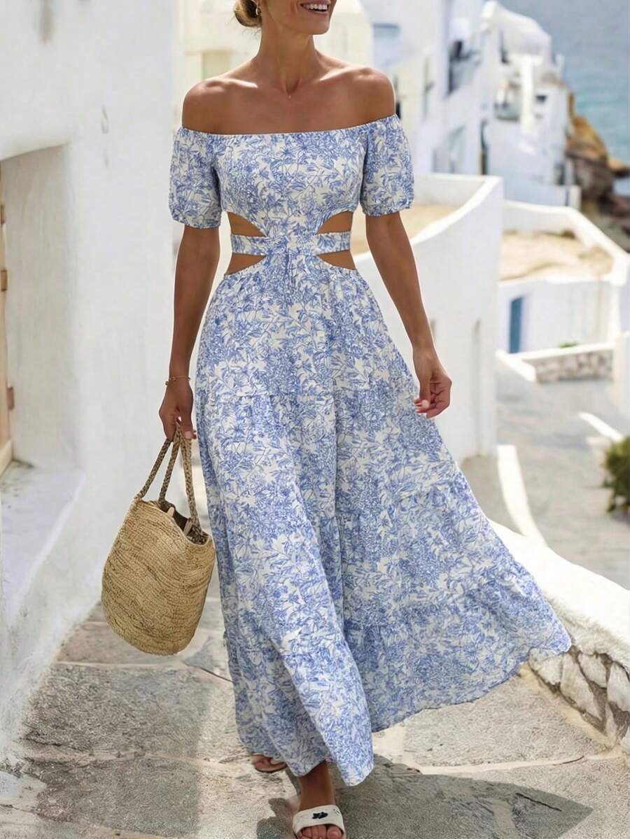Rafferiza Vestido casual de vacaciones con hombros descubiertos y lazo en la espalda - Azul - Ver 1