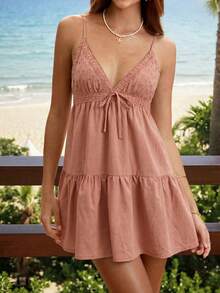 Sunnyshic Women's Casual Vacation Versatile Daily Solid Color Lace Embroidery Patchwork V-Neck Spaghetti Strap Mini Dress, Spring/Summer - Rusty Rose - View 7