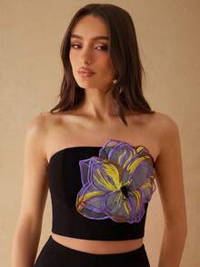Silquee Top bandeau de moda con decoración floral 3D para mujer - Negro - Ver 5
