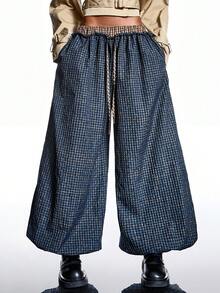 LYSMO 2026 New Arrive Minimalism Spring/Summer  Women's Drawstring Waist Pocket Plaid Wide Leg Loose Casual Pants - Multicolor - View 3