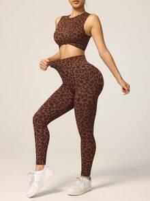 Slayform 无缝罗纹高弹性感豹纹提花女士健身跑步休闲日常运动套装 女士健身套装 女士运动服套装 - 棕色 - 查看 7