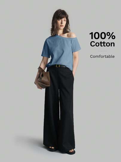 Ontre 2026SS Nueva Camiseta de Mujer, Ajuste Suelto Casual de Manga Corta, Parte Superior Hombro Descubierto de unicolor, Uso Diario, Camiseta Holgada de Manga Corta Azul Grisáceo, Ropa de Verano para Mujer, Casual de Negocios, Vacaciones, Playa, Fiesta de Cumpleaños, Atuendo de Maestra, Regreso a Clases, Parte Superior con Hombros Descubiertos