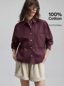 Ontre 2026春夏新款女士长袖刺绣翻领休闲衬衫，都市通勤商务休闲上衣，办公室穿着，优雅婚礼宾客礼服 - 棕色 - 查看 5