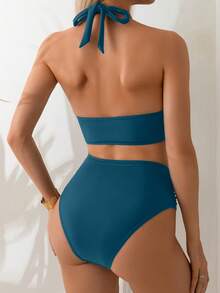 Swim Basics 两件套女士纯色露肩吊带露背上衣和高腰泳裤，配金色配饰，沙滩度假比基尼套装 - 水鴨藍 - 查看 2