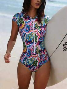 Swim SPRTY Costume da bagno intero da donna con stampa casuale, con chiusura lampo anteriore, adatto per spiaggia e sport acquatici. Costume intero da donna con copertura completa, ideale per outfit da spiaggia estivi. Nuovo costume da bagno intero da donna, body da donna per l'estate. Costume da bagno intero da donna per l'estate, adatto per spiaggia, vacanze, crociere e attività all'aperto. - Multicolore - Visualizzare 3