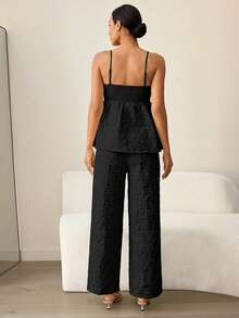 MaterniWear Maternity Summer Solid Color Jacquard Ruffle Hem Camisole And Pants 2 Pieces Set - Black - View 2