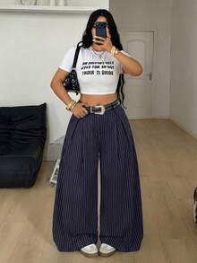 Coolane Women Plus Size Summer Vintage Streetwear Daily Wear Casual Hippie Striped Oversize Striped Graphics Elastic Waistband Mid Rise Banana Pants - Navy Blue - View 1
