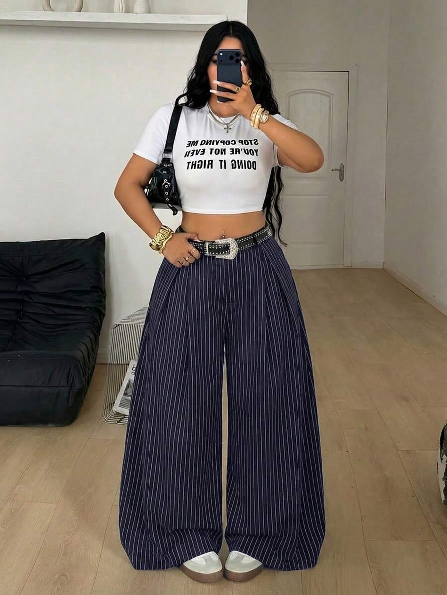 Coolane Women Plus Size Summer Vintage Streetwear Daily Wear Casual Hippie Striped Oversize Striped Graphics Elastic Waistband Mid Rise Banana Pants - Navy Blue - View 1