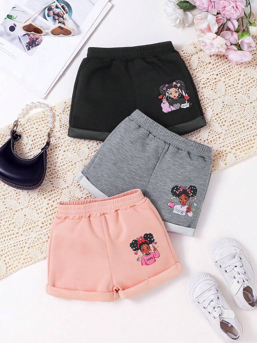 3件套女童轻薄针织可爱卡通印花短裤套装，夏季 - 彩色 - 查看 1