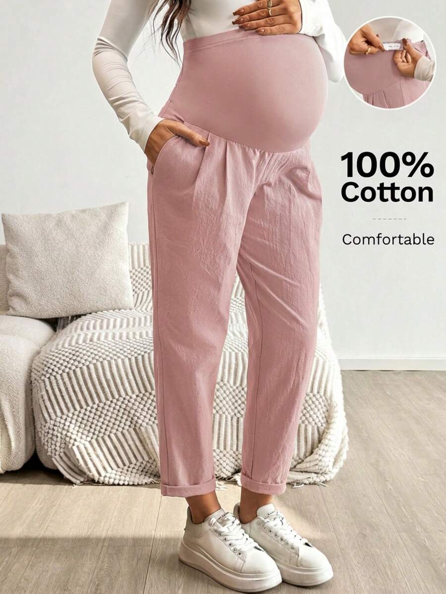 SHEIN 孕妇纯色褶裥口袋休闲裤 - 粉色 - 查看 1