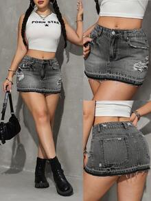 SHEIN PETITE Chân váy denim ngắn nữ kiểu dáng rách rưới, có túi và cúc, thời trang, đa năng, thích hợp cho hẹn hò và đi chơi. - màu đen - Xem 1