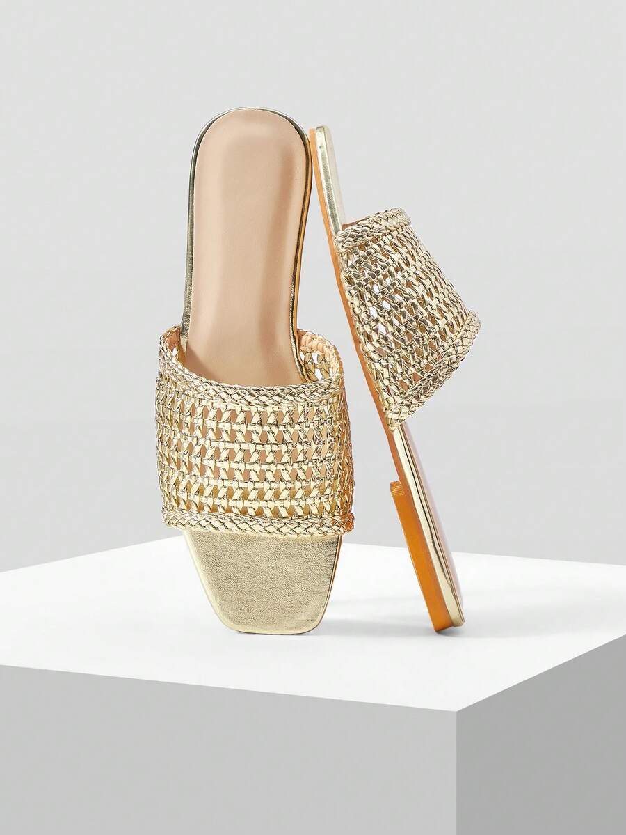Women's Fashion New Woven Slip-On Flat-Bottomed Square Toe Sandals Summer Shoes - Gold - View 1