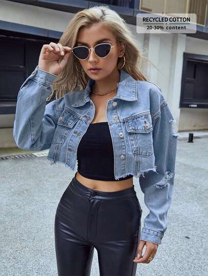 SHEIN ICON Chaqueta vaquera casual con efectos desgastados y recortados