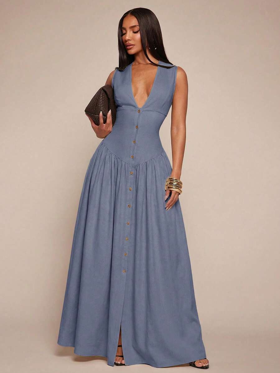 Radiana 女士性感优雅简约亚麻质感V领无袖连衣裙，收腰设计，纽扣衬衫裙，飘逸半身裙，休闲连衣裙，复古风连衣裙，简约连衣裙，度假连衣裙 - 藍色 - 查看 1