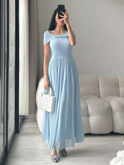 Modelyn 女士优雅打结装饰收腰伞裙长连衣裙，简约纯色，夏季