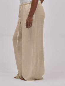 MUSERA Pantalones rectos con amarre en la parte delantera de lino de talla grande, básicos para vacaciones, verano, viajes y playa - Marrón - Ver 3