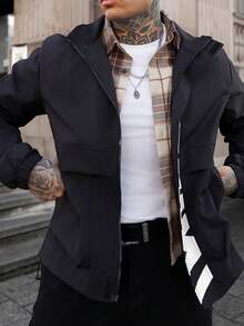 Artur Kramer 男士长袖休闲百搭运动立领夹克，大号印花图案，情侣款，大口袋，秋冬拉链夹克，防风夹克，街头风科技夹克 - 黑色 - 查看 3