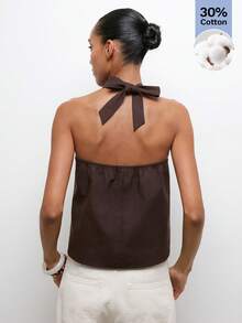 Maija Áo tank top nữ màu trơn tối giản cổ yếm buộc dây phía sau - Cà phê nâu - Xem 4