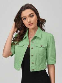 SHEIN EZwear 女士单排扣休闲百搭日常牛仔外套 - 綠色 - 查看 4