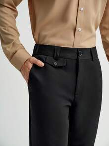 MENRIVO Men's Solid Color Simple Daily Casual Trousers - Black - View 2