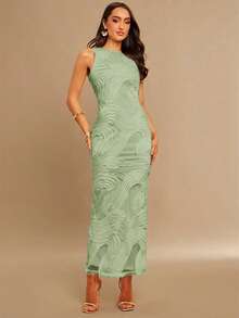 Silquee Mesh Embroidered Fitted Long Dress For Women - Mist Green - View 5