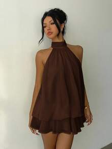 SHEIN Tall CURVE Plus Size Women Elegant Solid Color Halter Tie Dress - Coffee Brown - View 6