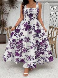 Ceyna Damen Große Größen Blumen Muster Rüschen Saum Spaghettiträger Verstellbarer Büste A-Linie Maxikleid Outfit Weiß und Lila Blumen Kleid Damen Blumen Midi Kleid Blumen Kleider für Damen Elegantes ärmelloses Blumenkleid