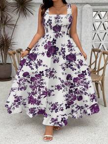 Ceyna Plus Size Women's Floral Print Ruffle Hem Spaghetti Strap A-Line Maxi Dress,White Summer Boho Elegant Sleeveless Vacation Holiday Party Tea Outfit - Violet Purple - View 1