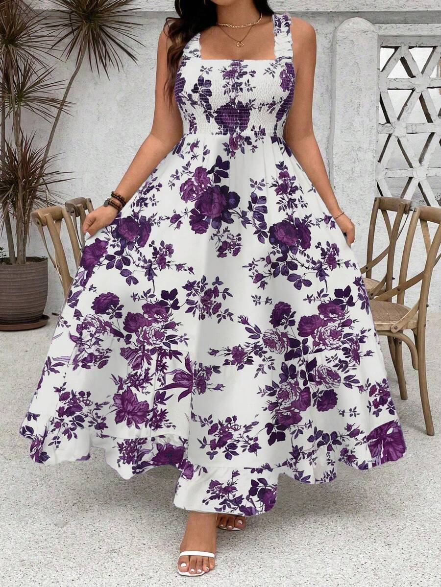 Ceyna Plus Size Women's Floral Print Ruffle Hem Spaghetti Strap A-Line Maxi Dress,White Summer Boho Elegant Sleeveless Vacation Holiday Party Tea Outfit - Violet Purple - View 1