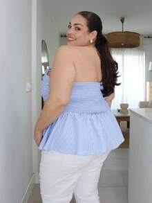 Pretty and Ole Plus Size Women Summer Striped Strapless Top - Blue and White - View 6
