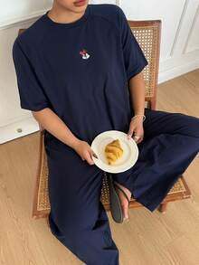 Dazy Plus Cute Cartoon Print Raglan Sleeve Loose Pajama Set, Comfortable Home Wear For Plus Size Women, Spring/Summer - Navy Blue - View 6