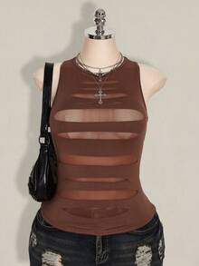 SHEIN ICON 大码女式Y2K透视做旧性感吊带背心 - 棕色 - 查看 1