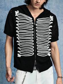 ROMWE MEN Street Life Áo khoác cardigan nam ngắn tay có mũ, in họa tiết tối giản. - màu đen - Xem 5